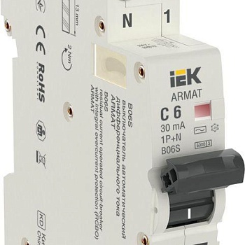 Выключатель автоматический дифференциального тока 1P+NP C6 30мА тип AC (18мм) АВДТ B06S ARMAT IEK AR-B06S-1N-C06C030