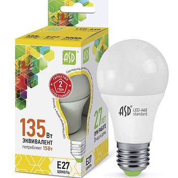 Лампа светодиодная LED-A60-standard 15Вт грушевидная 3000К тепл. бел. E27 1350лм 160-260В ASD 4690612002088