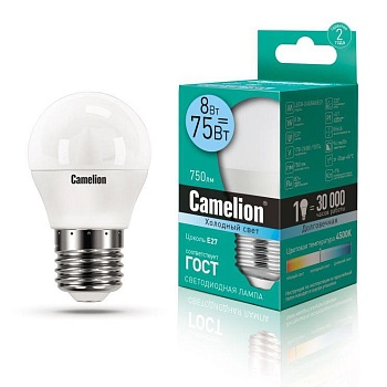 Лампа светодиодная LED8-G45/845/E27 8Вт шар 4500К бел. E27 750лм 170-265В Camelion 12394