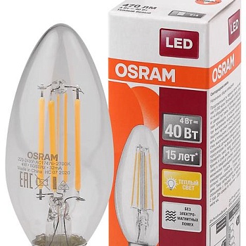 Лампа светодиодная филаментная LED STAR CLASSIC B 40 4W/827 4Вт свеча 2700К тепл. бел. E14 470лм 220-240В прозр. стекло OSRAM 4058075068353