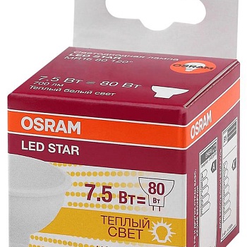 Лампа светодиодная LED STAR MR16 7.5W/830 (замена 75Вт) 7.5Вт пласт. 3000К тепл. бел. GU5.3 700лм 110 град. 220-240В OSRAM 4058075229068