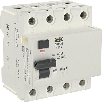 Выключатель дифференциального тока 4п 40А 30мА тип AC ВДТ R10N ARMAT IEK AR-R10N-4-040C030
