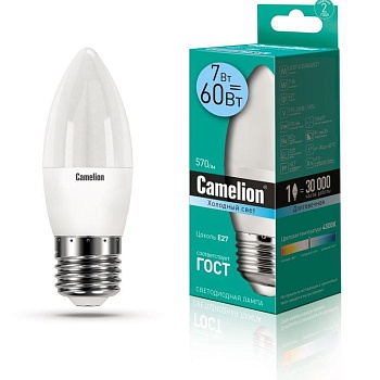 Лампа светодиодная LED7-C35/845/E27 7Вт свеча 4500К бел. E27 560лм 220В Camelion 12078