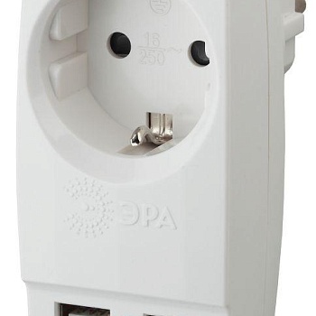 Адаптер 1-м SP-1e-USB-W "Polynom" 220В+ 2хUSB 2100мА с заземл. бел. Эра Б0026332