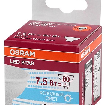 Лампа светодиодная LED Star MR16 7.5W/840 7.5Вт 4000К нейтр. бел. GU5.3 700лм 220-240В 110град. пластик. (замена 75Вт) OSRAM 4058075229099