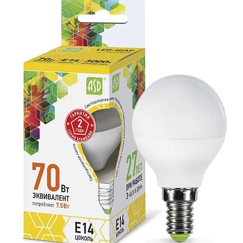 Лампа светодиодная LED-шар-standard 7.5Вт шар 3000К тепл. бел. E14 675лм 160-260В ASD 4690612003962