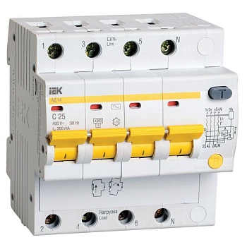 Выключатель автоматический дифференциального тока 4п C 25А 300мА тип AC 4.5кА АД-14 IEK MAD10-4-025-C-300