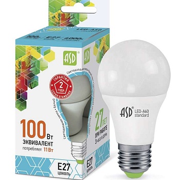 Лампа светодиодная LED-A60-standard 11Вт грушевидная 4000К нейтр. бел. E27 990лм 160-260В ASD 4690612001715