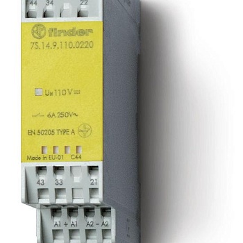 Реле безопасности электромеханическое модульное 6А 24В DC 3NO+1NC AgNi IP54 22.5мм с принудит. управлен. контактами FINDER 7S1490240310