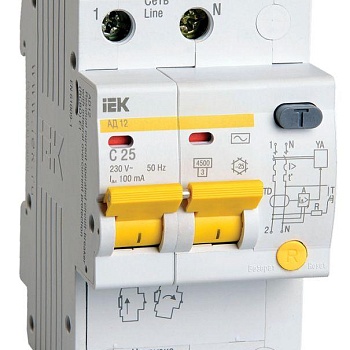 Выключатель автоматический дифференциального тока 2п C 25А 100мА тип AC 4.5кА АД-12 IEK MAD10-2-025-C-100