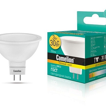 Лампа светодиодная LED3-JCDR/830/GU5.3 3Вт 3000К тепл. бел. GU5.3 215лм 220-240В Camelion 11367