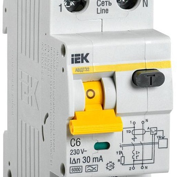 Выключатель автоматический дифференциального тока 2п (1P+N) C 6А 30мА тип A 6кА АВДТ-32 IEK MAD22-5-006-C-30