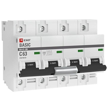 Выключатель автоматический модульный 4п C 63А 10кА ВА 47-100 Basic EKF mcb47100-4-63C-bas
