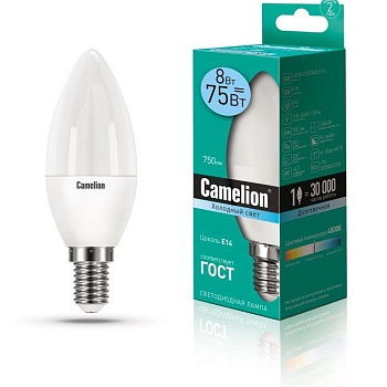 Лампа светодиодная LED8-C35/845/E14 8Вт свеча 4500К бел. E14 750лм 170-265В Camelion 12386