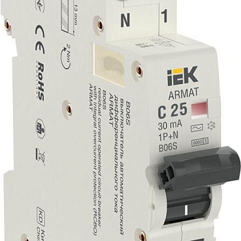 Выключатель автоматический дифференциального тока 1P+NP C25 30мА тип AC (18мм) АВДТ B06S ARMAT IEK AR-B06S-1N-C25C030