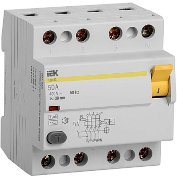 Выключатель дифференциального тока (УЗО) 4п 50А 30мА тип AC ВД1-63 IEK MDV10-4-050-030