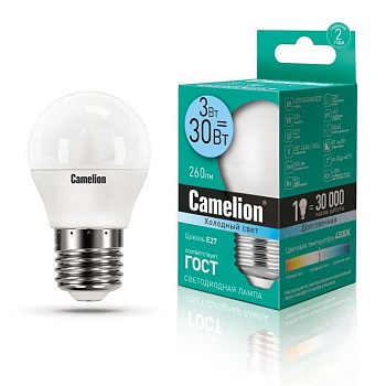 Лампа светодиодная LED3-G45/845/E27 3Вт шар 4500К бел. E27 260лм 220-240В Camelion 11376