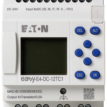 Реле программируемое EASY-E4-DC-12TC1 12/24В DC 24V AC цифровые 8 DI (4 могут использоваться как как аналог.) 4DO реле 8А дисплей+клавиатура часы реального времени Ethernet RJ45 EATON 197213