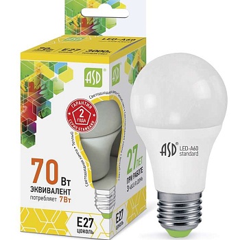 Лампа светодиодная LED-A60-standard 7Вт грушевидная 3000К тепл. бел. E27 630лм 160-260В ASD 4690612001692