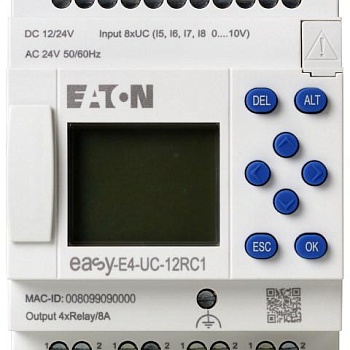 Реле программируемое EASY-E4-UC-12RC1 24В DC цифровые 8 DI (4 могут использоваться как как аналог.) 4DO транз. дисплей+клавиатура часы реального времени Ethernet RJ45 EATON 197211