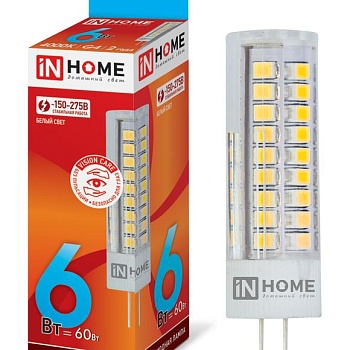 Лампа светодиодная LED-JCD 6Вт 4000К нейтр. бел. G4 570лм 230В IN HOME 4690612036144